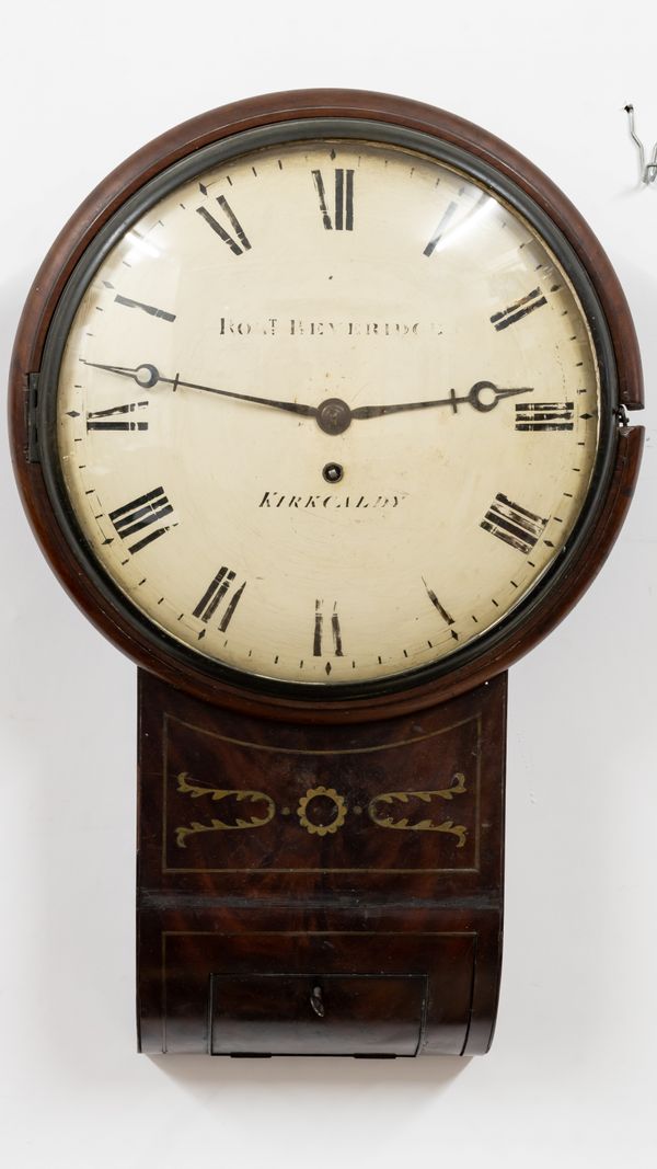 ROBERT BEVERIDGE, KIRKCALDY, A REGENCY MAHOGANY AND BRASS INLAID DROP DIAL WALL CLOCK