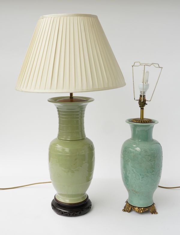 TWO CELADON PORCELAIN BALUSTER VASE TABLE LAMPS