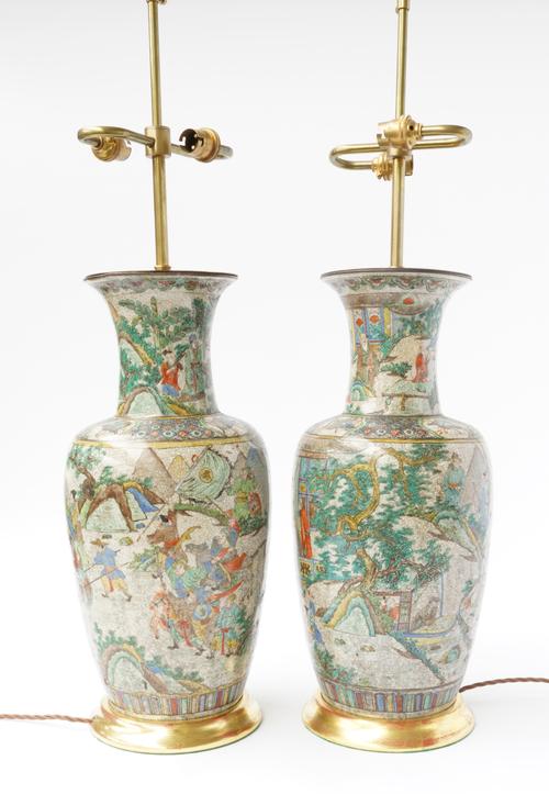 A PAIR OF CRACKLE GLAZE ASIAN VASES CONVERTED TO LAMPS