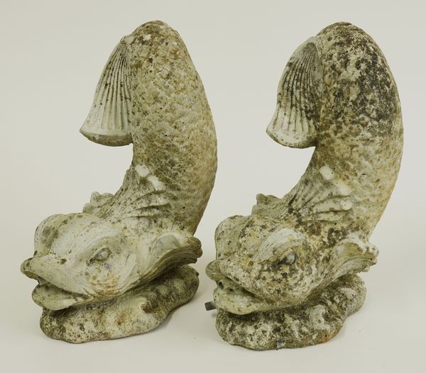 A PAIR OF COMPOSITE STONE DOLPHIN FOUNTAINS