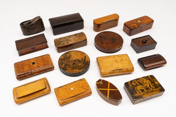 A GROUP OF EIGHTEEN TREEN SNUFF BOXES INCLUDING A SCOTTISH MAUCHLINE SYCAMORE BOX (18)