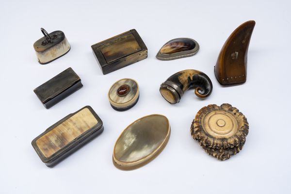 A GROUP OF SIX HORN MOUNTED SNUFF BOXES AND OTHER CONTAINERS (10)