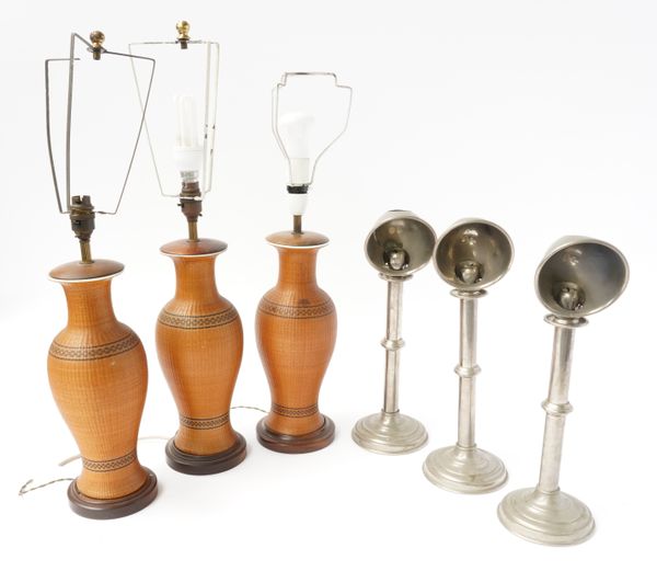 THREE WOVEN PLANT FIBRE COVERED CERAMIC BALUSTER TABLE LAMPS AND THREE CHROME CANDLESTICKS (6)