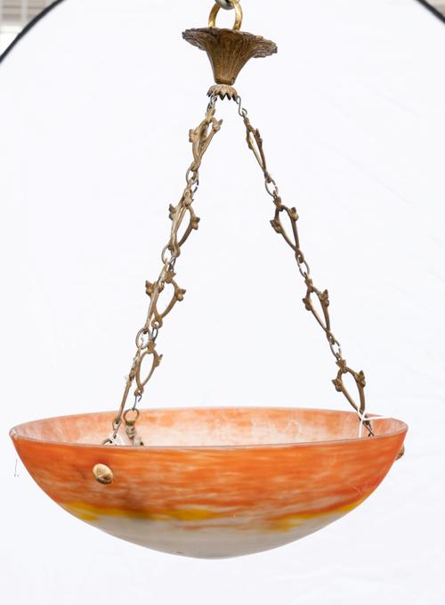 A FRENCH GILT-METAL MOUNTED OPAQUE GLASS PLAFFONIER OR HANGING DISH LIGHT