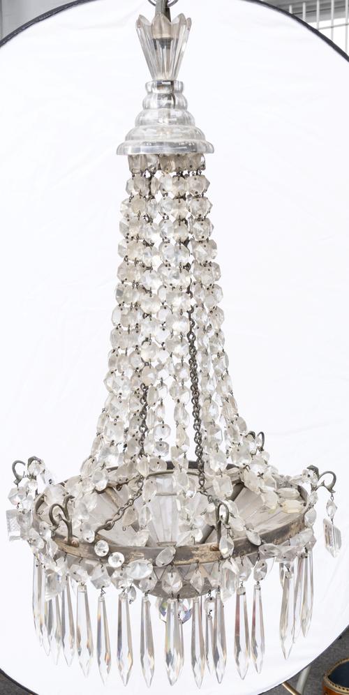 AN ENGLISH SILVERED-METAL MOUNTED GLASS LUSTRE CHANDELIER