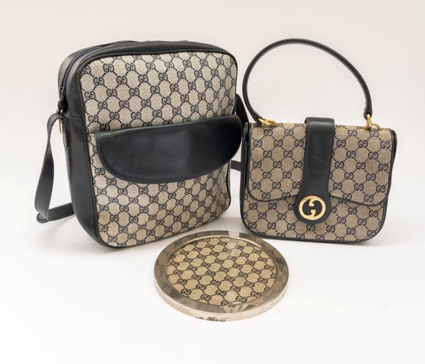 GUCCI - A BLUE LEATHER AND CLASSIC CANVAS SHOULDER BAG, A HANDBAG AND A BOTTLE COASTER (3)