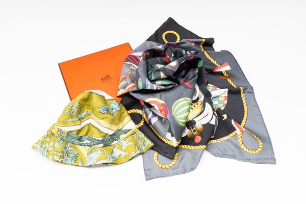 HERMES - 'LES FOLIES DU CIEL' SILK SCARF BY LOIC DUBIGEON AND A SILK BUCKET HAT (2)