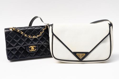 CHANEL- A BLUE LEATHER CLASSIC FLAP BAG AND AN YVES SAINT LAURENT BLUE AND WHITE HANDBAG (2)