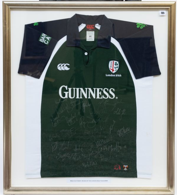 RUGBY: KEITH WOOD SIGNED IRELAND RUGBY SHIRT WITH ANOTHER SHIRT SIGNED BY MIKE CATT AND 2005 LONDON IRISH TEAM (2)