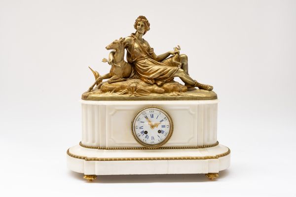 A FRENCH NAPOLEON III ORMOLU MOUNTED WHITE MARBLE MANTEL CLOCK