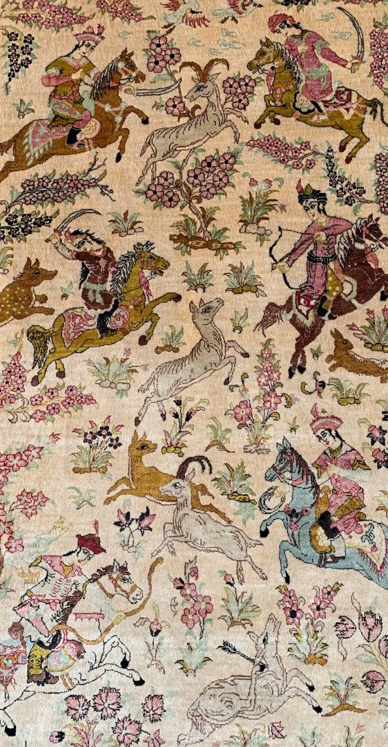 GHOM SILK HUNTING RUG, PERSIAN