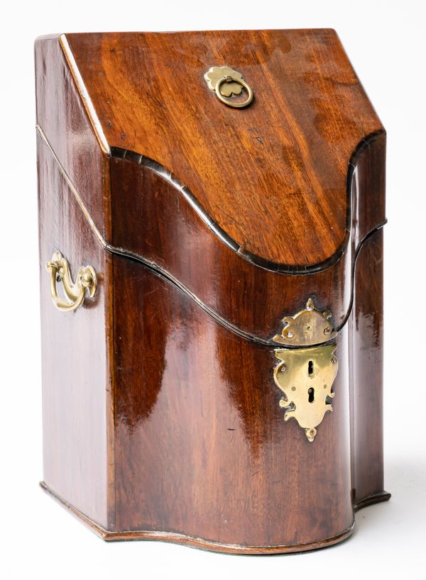 A GEORGE III MAHOGANY SERPENTINE FRONTED SLOPE TOP KNIFE BOX