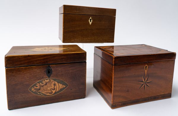 THREE EARLY 19TH CENTURY INALID MAHOGANY RECTANGULAR TWIN COMPARTMENT TEA CADDIES (3)