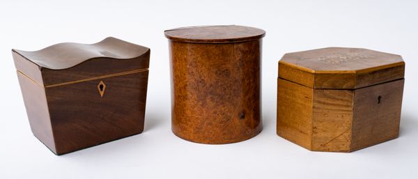 A GEORGE III INALID MAHOGANY SERPENTINE TOP SINGLE TEA CADDY (3)