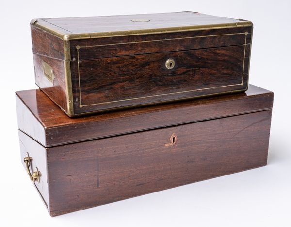 A 19TH CENTURY BRASS BOUND ROSEWOOD RECTANGULAR BOX (2)