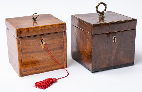 A GEORGE III INLAID MAHOGANY SINGLE TEA CADDY (2)