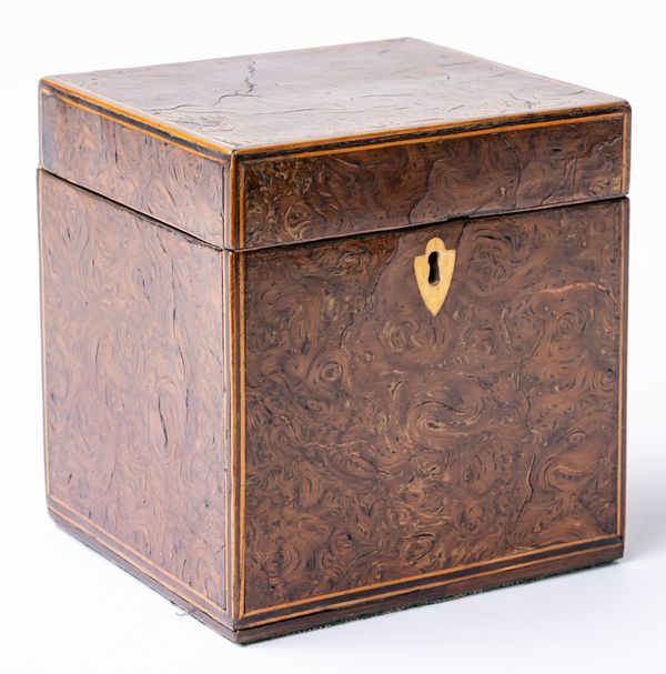 A GEORGE III INLAID POLLARD OAK SINGLE TEA CADDY