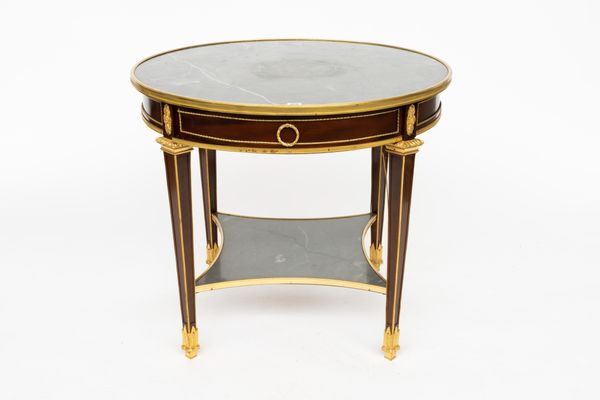 A LOUIS XVI STYLE ORMOLU AND BLEU TURQUIN MARBLE MOUNTED MAHOGANY GUERIDON WITH SINGLE DRAWER