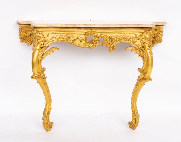 AN 18TH CENTURY STYLE MARBLE TOPPED GILT CONSOLE TABLE