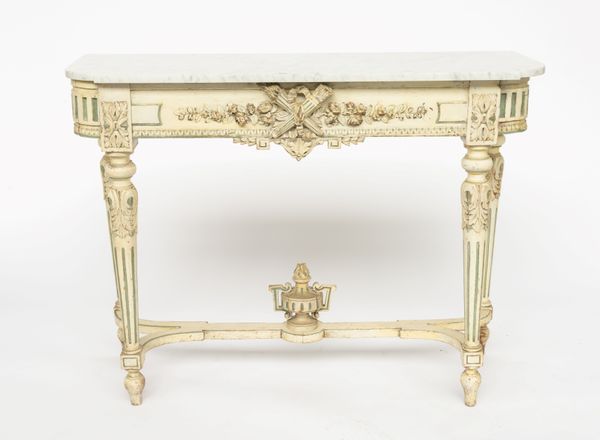 A 19TH CENTURY FRENCH MARBLE TOPPED CONSOLE TABLE, WITH POLYCHROME PAINTED CARVED BASE