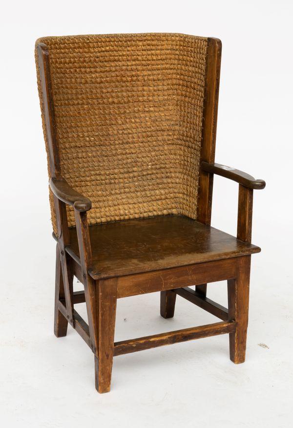 AN EARLY 20TH CENTURY STAINED PINE FRAMED ORKNEY CHAIR