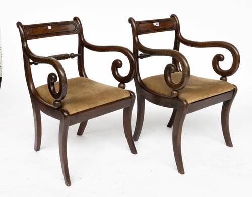 A PAIR OF LATE REGENCY MAHOGANY ARMCHAIRS OR CARVERS (2)