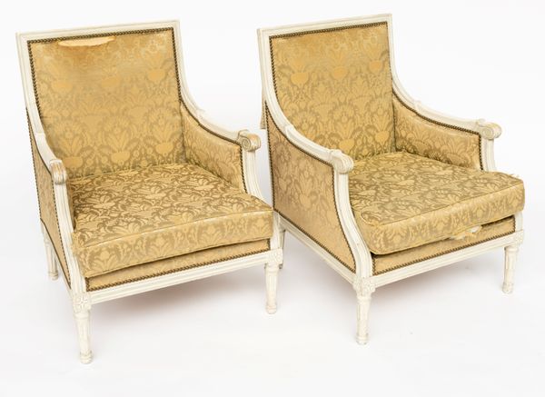 A PAIR OF LOUIS XVI STYLE SQUARE BACK ARMCHAIRS (2)