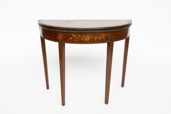 A GEORGE III MARQUETRY INLAID DEMI-LUNE FOLD OVER CARD TABLE