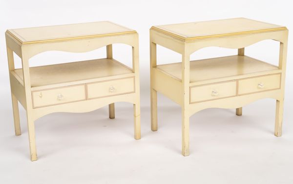 A PAIR OF 20TH CENTURY CREAM PAINTED RECTANGULAR TWO DRAWER SIDE TABLES (2)