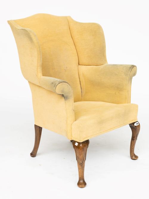 A 20TH CENTURY QUEEN ANNE STYLE WALNUT WING-BACK ARMCHAIR