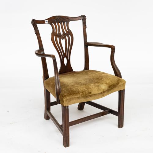 A GEORGE III CARVED MAHOGANY OPEN ARMCHAIR