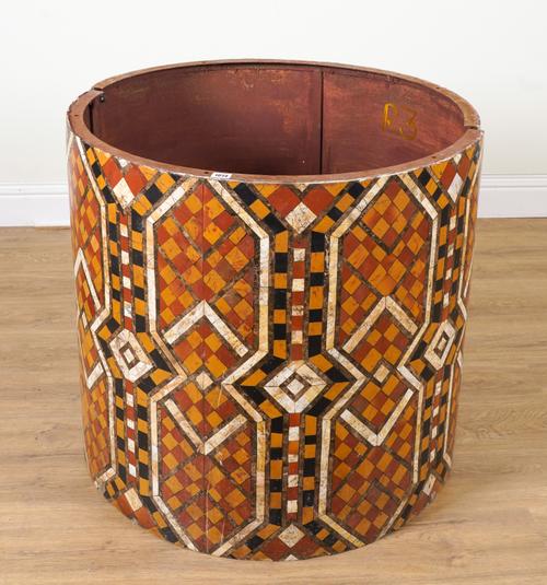 A POLISHED STONE PARQUETRY VENEERED METAL TWIN SECTION CIRCULAR TABLE BASE