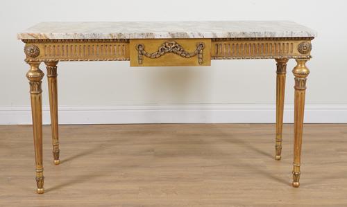 PROVASI: A LOUIS XVI STYLE RECTANGULAR MARBLE TOPPED CONSOLE TABLE