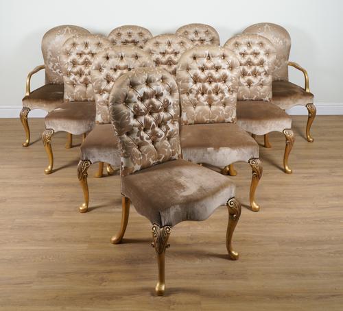 A SET OF FOURTEEN QUEEN ANNE STYLE MUSHROOM UPHOLSTERED ARCH BACK DINING CHAIRS (14)