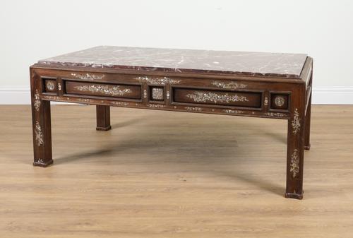 A LATE 19TH CENTURY CHINESE EXPORT MOTHER OF PEARL INALID HARDWOOD RECTANGULAR TABLE