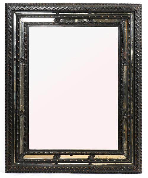 AN EBONISED RECTANGULAR MARGINAL WALL MIRROR