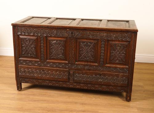 AN 18TH CENTURY AND LATER OAK MULE CHEST