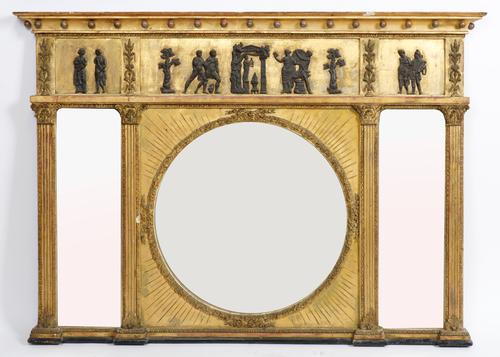 A LATE 19TH CENTURY NEOCLASSICAL REVIVAL GILT FRAMED TRIPLE PLATE OVERMANTEL MIRROR