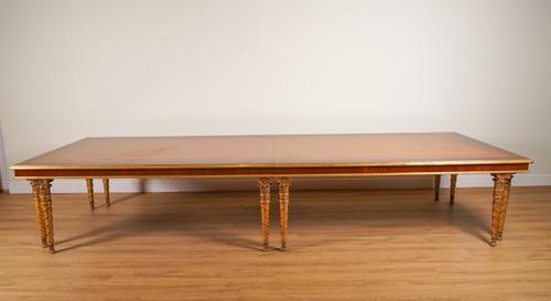 PROVASI: A LARGE TWIN SECTION MARQUETRY INLAID SATINWOOD AND MAHOGANY RECTANGULAR DINING TABLE