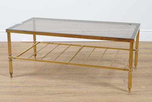 A 20TH CENTURY LACQUERED BRASS AND SMOKED GLASS RECTANGULAR COFFEE TABLE