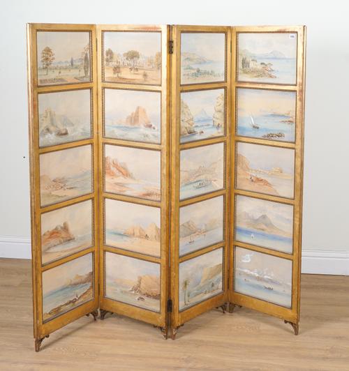 AN EARLY 20TH CENTURY GILT FRAMED FOUR FOLD DRAUGHT SCREEN