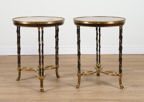 PROVASI: A PAIR OF CIRCULAR ROUGE MARBLE TOPPED OCCASIONAL TABLES/GUERIDONS (2)
