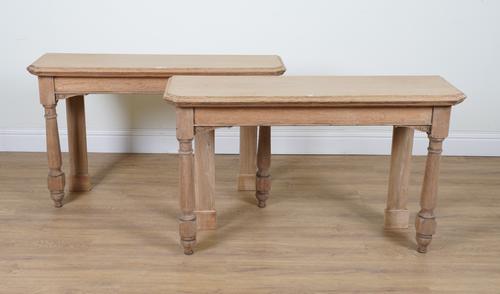 A PAIR OF BLEACHED OAK CANTED RECTANGULAR CONSOLE TABLES (2)