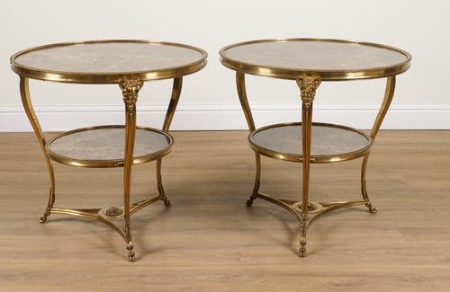 PROVASI: A PAIR OF MARRON MARBLE INSET CIRCULAR TWO TIER OCCASIONAL TABLES/GUERIDONS (2)