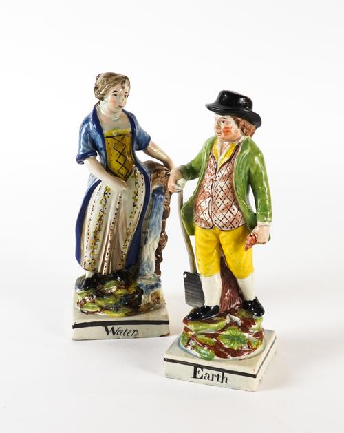 A PAIR OF STAFFORDSHIRE PEARLWARE FIGURES TITLED `EARTH' AND `WATER' (2)