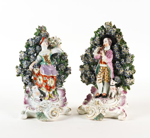 A PAIR OF DERBY FIGURES OF A PIPING SHEPHERD AND COMPANION (2)