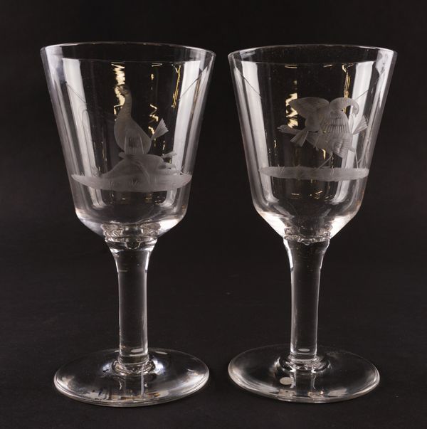 TWO LARGE ENGRAVED GLASS COCKFIGHTING GOBLETS (2)