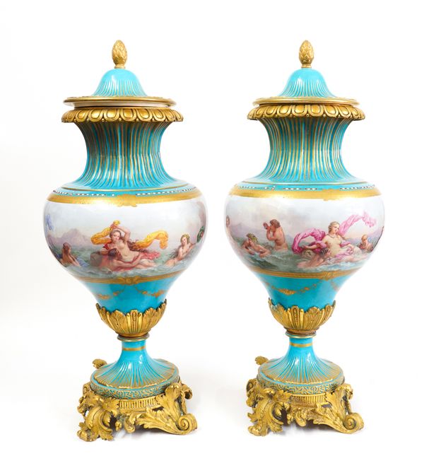 A GOOD PAIR OF SEVRES-STYLE ORMOLU MOUNTED TURQUOISE-GROUND VASES AND COVERS