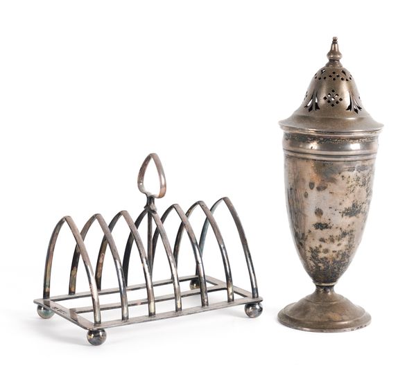 A SILVER TOASTRACK AND A SILVER SUGAR CASTER (2)