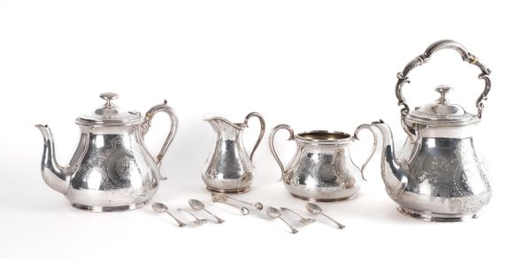 A VICTORIAN PLATED MATCHED FOUR PIECE TEA SET AND A SET OF SIX SILVER TEASPOONS WITH MATCHING SUGAR TONGS